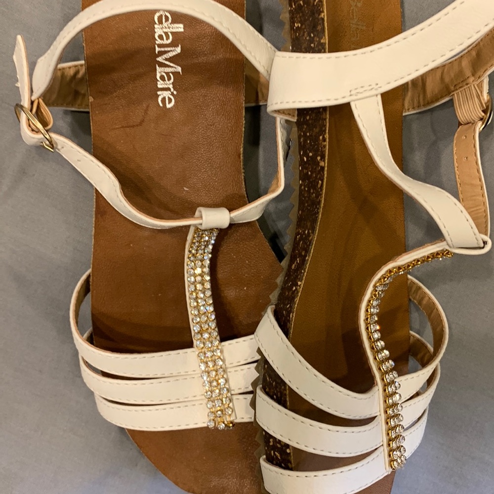 Size8 white sandals with 3 rows gold rhinestones see photos like new